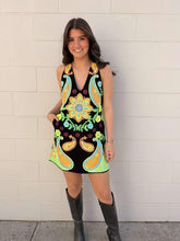 Load image into Gallery viewer, Queen Of Sparkles Black &amp; Neon Paisley Print V Neck Dress