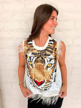 Load image into Gallery viewer, Queen Of Sparkles White Oversized Tiger Feather Trim Tank