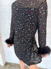Load image into Gallery viewer, Queen Of Sparkles Black Feather Multi Rhinestone Sequin Romper