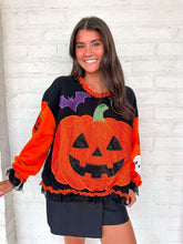 Load image into Gallery viewer, Queen Of Sparkles Multi Ruffle Lace Trim Pumpkin &amp; Bat Sweatshirt