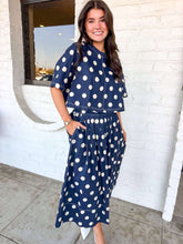 Load image into Gallery viewer, Fall Festivals Navy Polka Dot Skirt