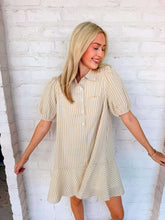 Load image into Gallery viewer, Taupe Stripe Puff Sleeve Shirt Mini Dress
