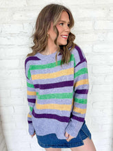Load image into Gallery viewer, Mardi Gras Color Stripe Round Neck Purple Sweater Top