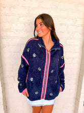 Load image into Gallery viewer, Queen Of Sparkles Navy Rhinestone Zip Up Fleece