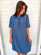 Load image into Gallery viewer, Brunch Date Dark Denim Shirt Dress