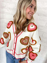 Load image into Gallery viewer, Queen Of Sparkles White Knit Valentines Heart Cookies Button Up Cardigan