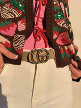 Load image into Gallery viewer, Queen Of Sparkles Brown Multi Chocolate Strawberry Cream Tie Up Sweater
