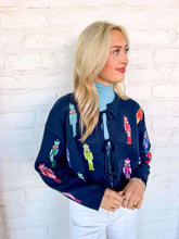 Load image into Gallery viewer, Queen Of Sparkles Navy Multi Mini Nutcracker Tie Up Sweater