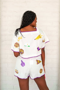 Queen Of Sparkles LSU Mini Icon Embroidered Edge Cotton Top