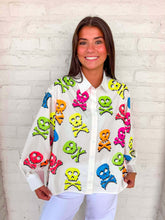 Load image into Gallery viewer, Queen Of Sparkles White Neon Multi Skull &amp; Crossbone Button Up Top