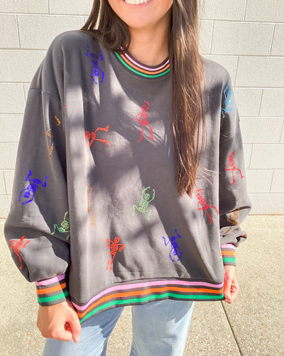 Queen Of Sparkles Charcoal Skeleton Striped Sweatshirt