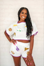 Load image into Gallery viewer, Queen Of Sparkles LSU Mini Icon Embroidered Edge Cotton Top