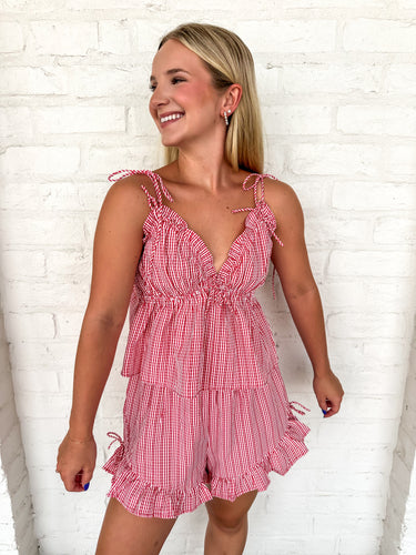 A Simple Picnic Red And White Short Set