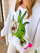 Load image into Gallery viewer, Queen Of Sparkles White &amp; Green Hand Holding QOS Card Sweatshirt