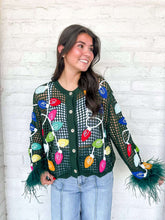 Load image into Gallery viewer, Queen Of Sparkles Green Crochet Multi Christmas Light Cardigan