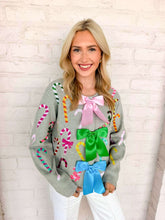Load image into Gallery viewer, Queen Of Sparkles Grey Multi Candy Cane Multi Bow Sweater