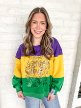 Load image into Gallery viewer, Queen Of Sparkles Purple, Yellow &amp; Green Striped Queen Card Sweatshirt