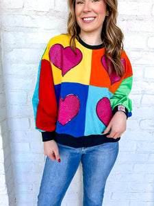 Queen Of Sparkles Rainbow Colorblock Rhinestone Heart Sweatshirt