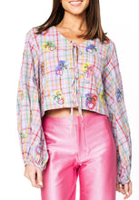 Load image into Gallery viewer, Queen Of Sparkles Lavender Plaid Mardi Gras Mask Tie Top