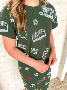 Queen Of Sparkles Dark Green Classroom Midi Tee Dress