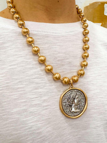 Gold Beaded Chain With Large Stamped Coin Charm Necklace