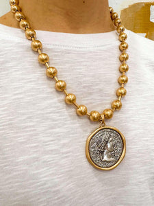 Gold Beaded Chain With Large Stamped Coin Charm Necklace
