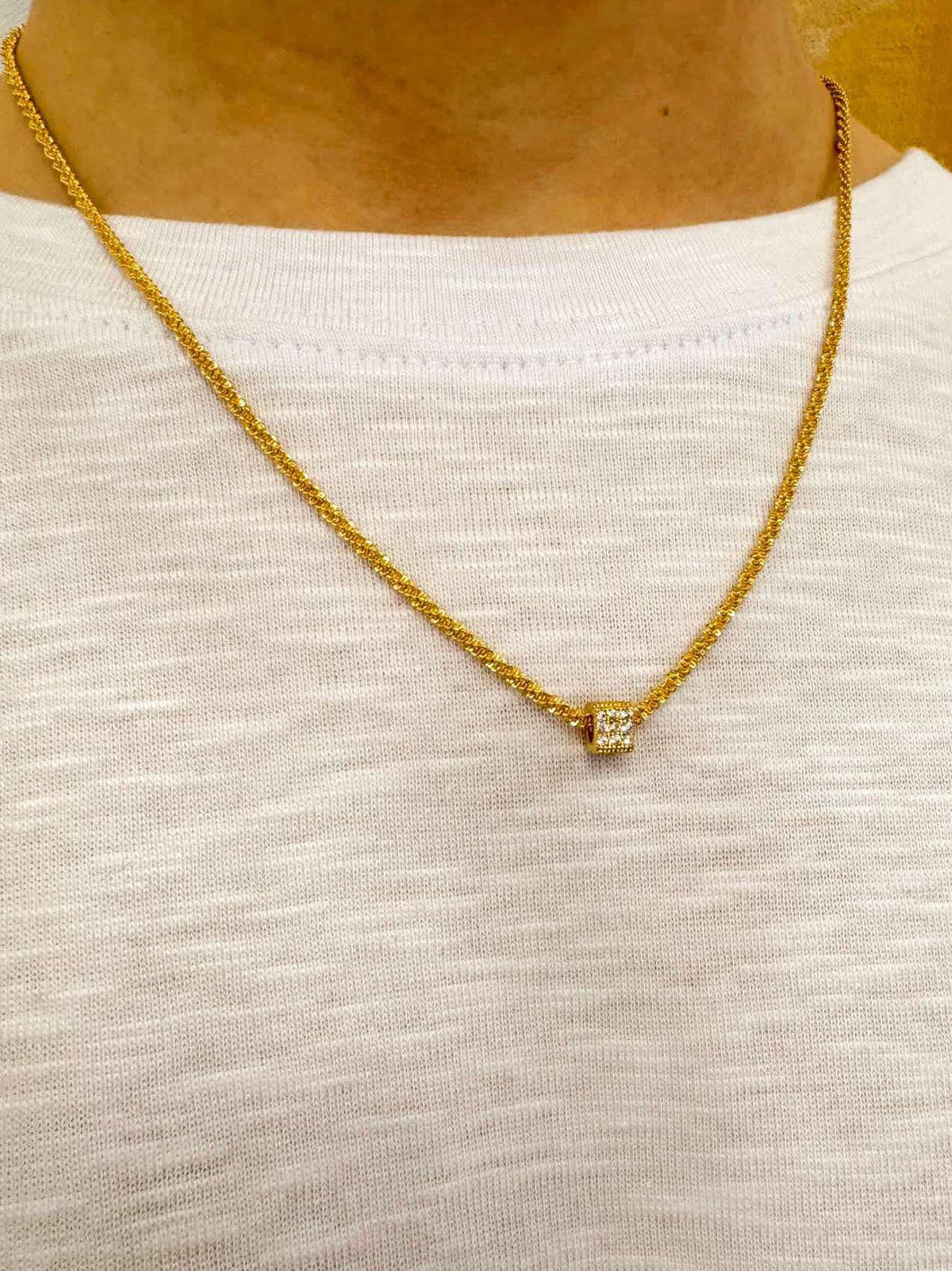 Gold Beaded Chain With CZ Pave Pendant Necklace