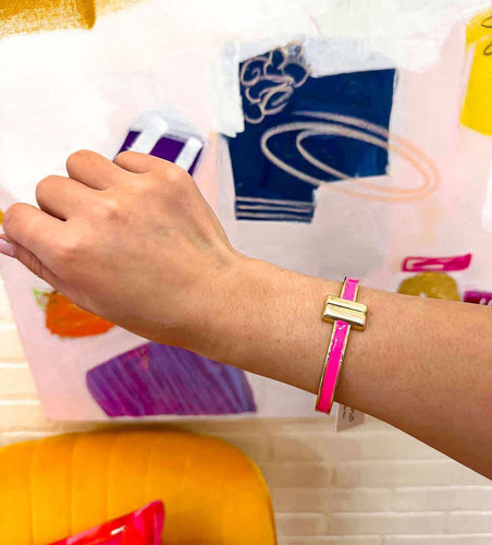 Pink Epoxy And Gold Bar Hinged Bracelet