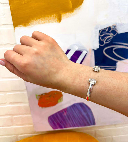Clear Rectangle Crystal Open Silver Cuff