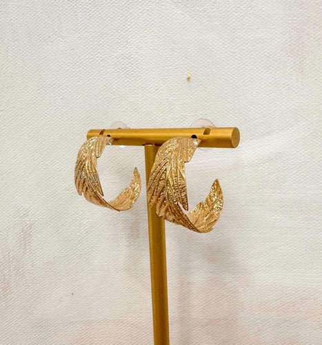 Thin Gold Leaf Textured Hoop Earring
