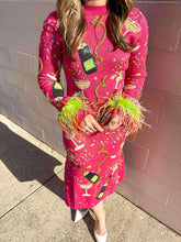 Load image into Gallery viewer, Queen Of Sparkles Hot Pink Popping Champagne Bottle Feather Sleeve Midi Dress