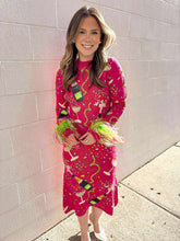 Load image into Gallery viewer, Queen Of Sparkles Hot Pink Popping Champagne Bottle Feather Sleeve Midi Dress