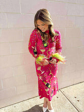 Load image into Gallery viewer, Queen Of Sparkles Hot Pink Popping Champagne Bottle Feather Sleeve Midi Dress