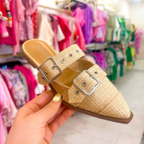 Usual Tan and Gold Raffia Flat