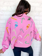 Load image into Gallery viewer, Queen Of Sparkles Pink Candy Cane QOS Card Mock Neck Sweatshirt