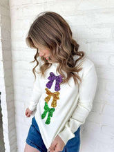 Load image into Gallery viewer, Mardi Gras Sequin Bow Embellished White Sweater