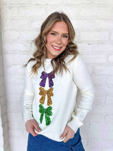 Load image into Gallery viewer, Mardi Gras Sequin Bow Embellished White Sweater