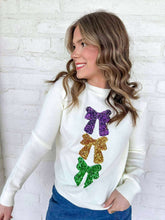 Load image into Gallery viewer, Mardi Gras Sequin Bow Embellished White Sweater