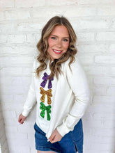 Load image into Gallery viewer, Mardi Gras Sequin Bow Embellished White Sweater