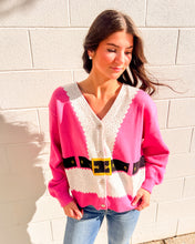 Load image into Gallery viewer, Festive pink Santa coat graphic cardigan, V-neck button sweater, holiday outfit