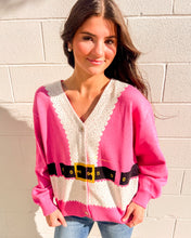 Load image into Gallery viewer, Pink Santa cardigan by Queen of Sparkles with glitter trim and belt, styled with jeans