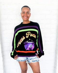 Queen of Sparkles Hocus Pocus Sweater - Black Halloween Knit Top with Sequin cauldron 