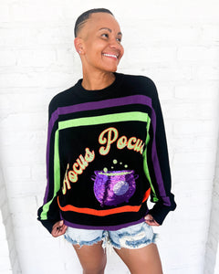 Queen of Sparkles Hocus Pocus Sweater - Black Halloween Knit Top with Sequin cauldron 