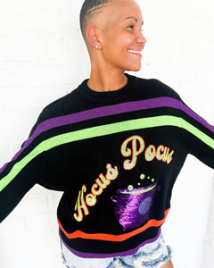 Queen of Sparkles Hocus Pocus Sweater - Black Halloween Knit Top with Sequin cauldron 