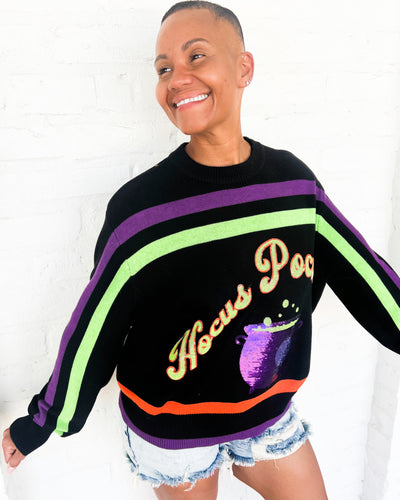 Queen of Sparkles Hocus Pocus Sweater - Black Halloween Knit Top with Sequin cauldron 