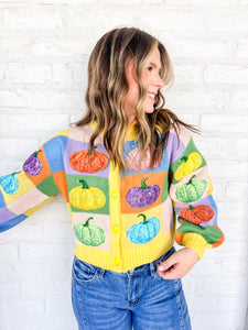 Queen Of Sparkles Pastel Pumpkin Cardigan with sequin pumpkins and pastel checkered pattern