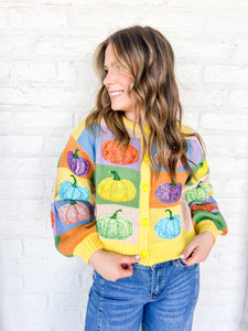 Queen Of Sparkles Pastel Pumpkin Cardigan with sequin pumpkins and pastel checkered pattern