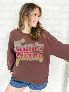 Queen Of Sparkles Brown Rhinestone 'Thanksgiving' Sweatshirt with ombre silver, white, red and yellow beaded rhinestones in a classic crew neck